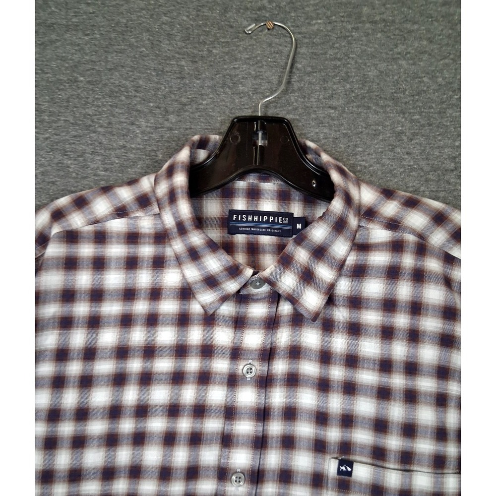 Fish Hippie Mens Shirt Medium Brown Plaid Cotton Hemp Button Up Fishing Rumfront